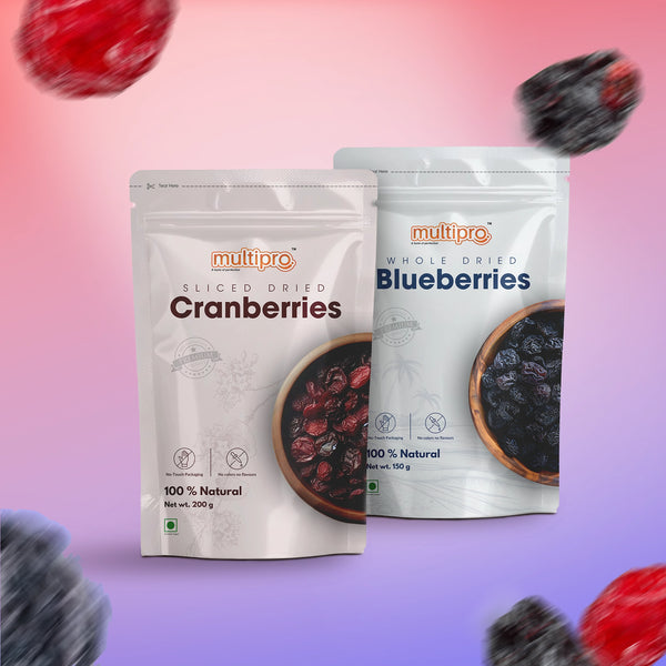 Multipro Dried Blueberries & Cranberries Combo | Imported Quality | Antioxidant-Rich | Sweet & Tart Flavor | 2 x 200g Packs