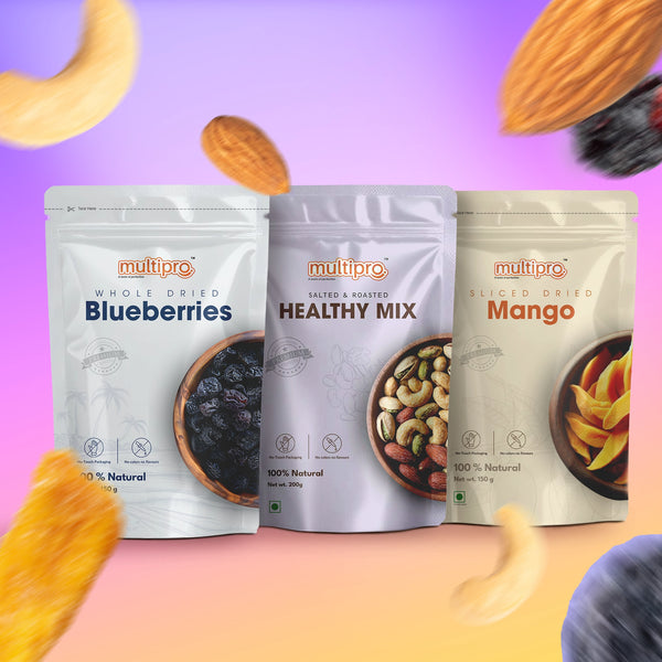 Multipro Healthy Combo | Salted & Roasted Nut Mix + Dried Blueberries + Dried Mango | 100% Natural | No-Touch Packaging | 3 x 200g Packs