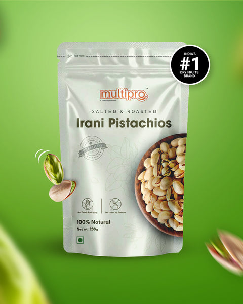 Multipro Salted & Roasted Irani Pistachios | 100% Natural | Premium Quality | No-Touch Packaging | 200g