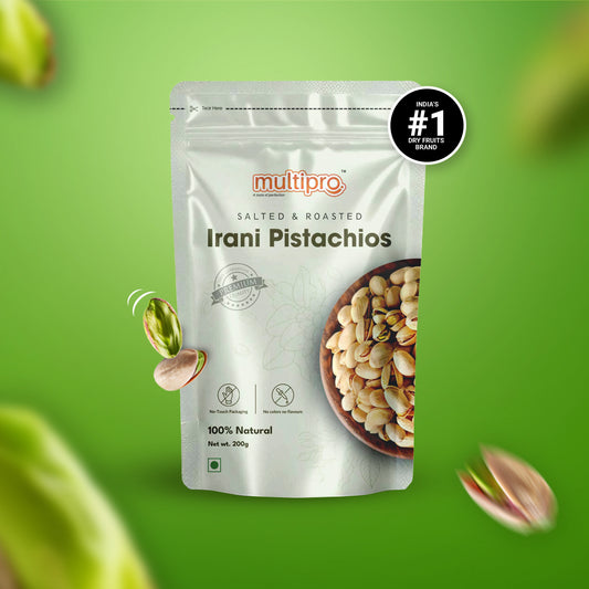 Multipro Salted & Roasted Irani Pistachios | 100% Natural | Premium Quality | No-Touch Packaging | 200g