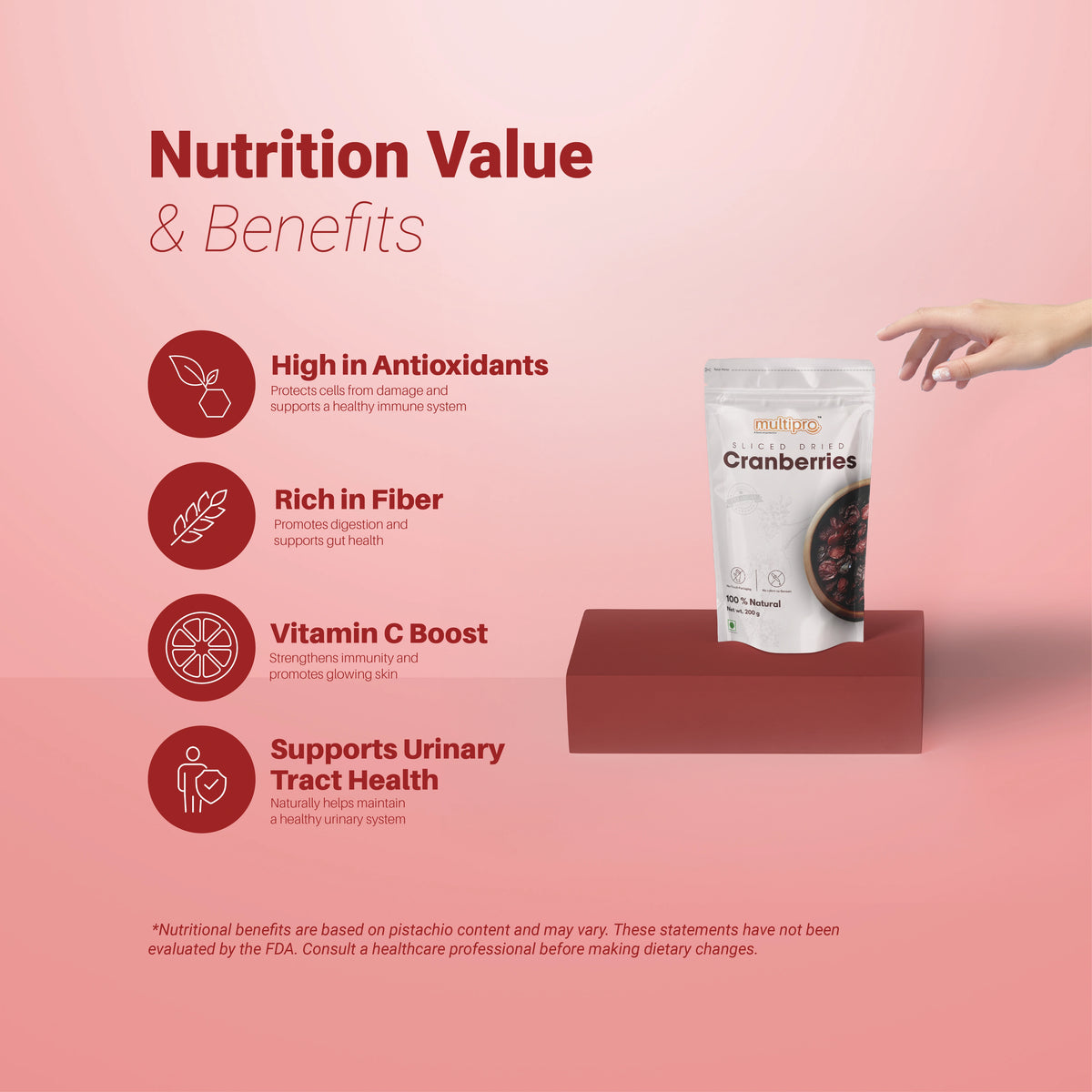 Multipro Sliced Dried Cranberries | 100% Natural | No-Touch Packaging | 200g