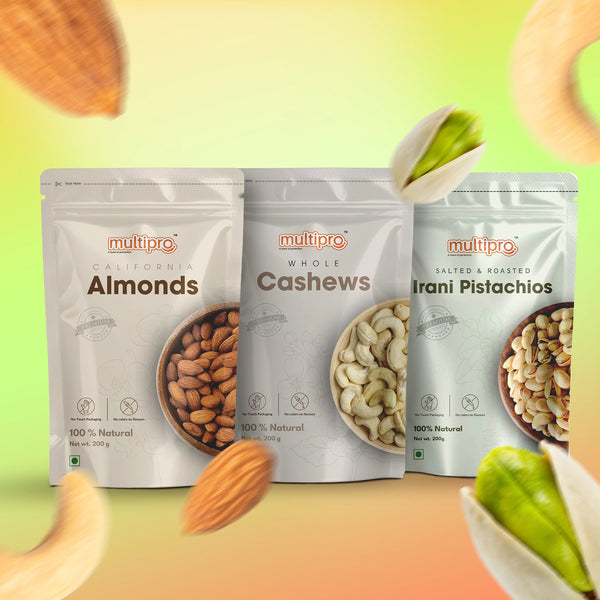 Multipro Premium Nut Combo | Roasted & Salted Pistachios, Cashews & Almonds | 100% Natural | No-Touch Packaging | 3 x 200g Packs