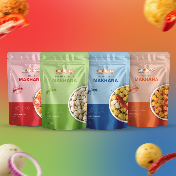 Makhana Flavour Combo | Peri Peri + Tomato + Cream & Onion + Indian Masala | 4 x 70g