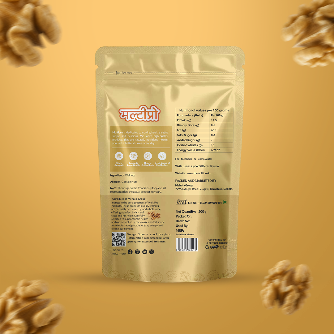 Walnuts | Premium Whole Kernels | 100% Natural | No-Touch Packaging | 200g